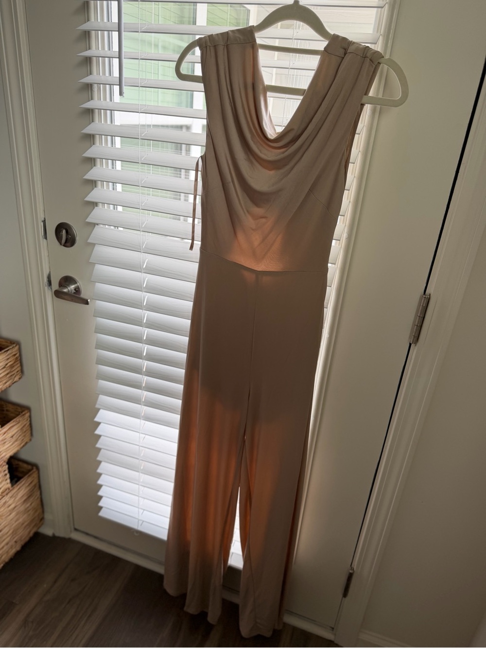 Selfie Leslie Sleeveless Cowl-Neck Wide-Leg Jumpsuit — Beige